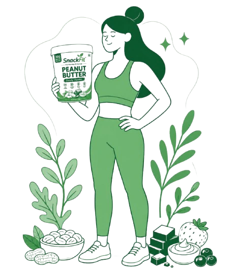 Healthy lifestyle illustration promoting SnackFit nutrition products.